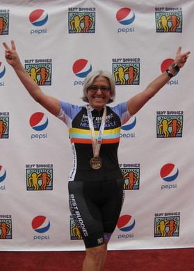 Victorious Pat at the finish line, San Simeon, California, September 12, 2015